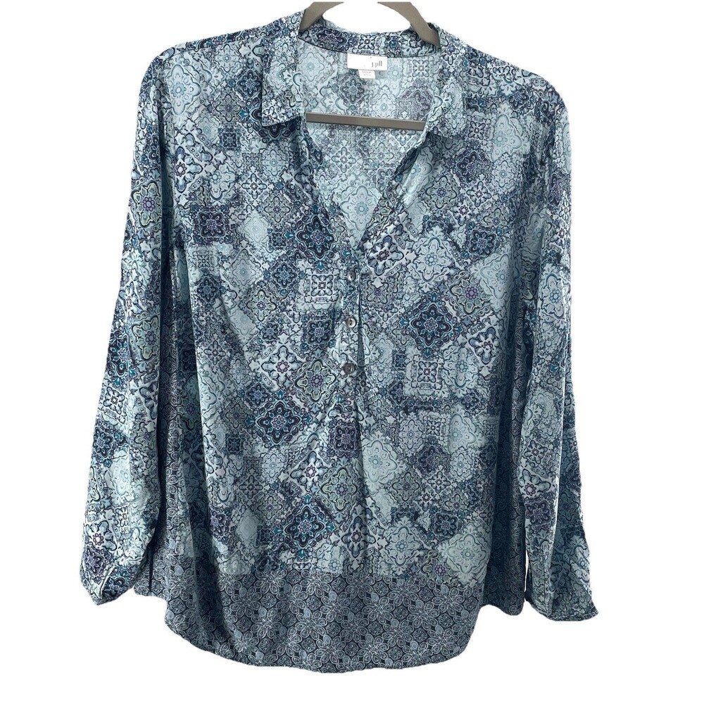 J Jill Petite L Blue Mosaic Tile Print 3 Button 3/4 Sleeve Lightweight Blouse